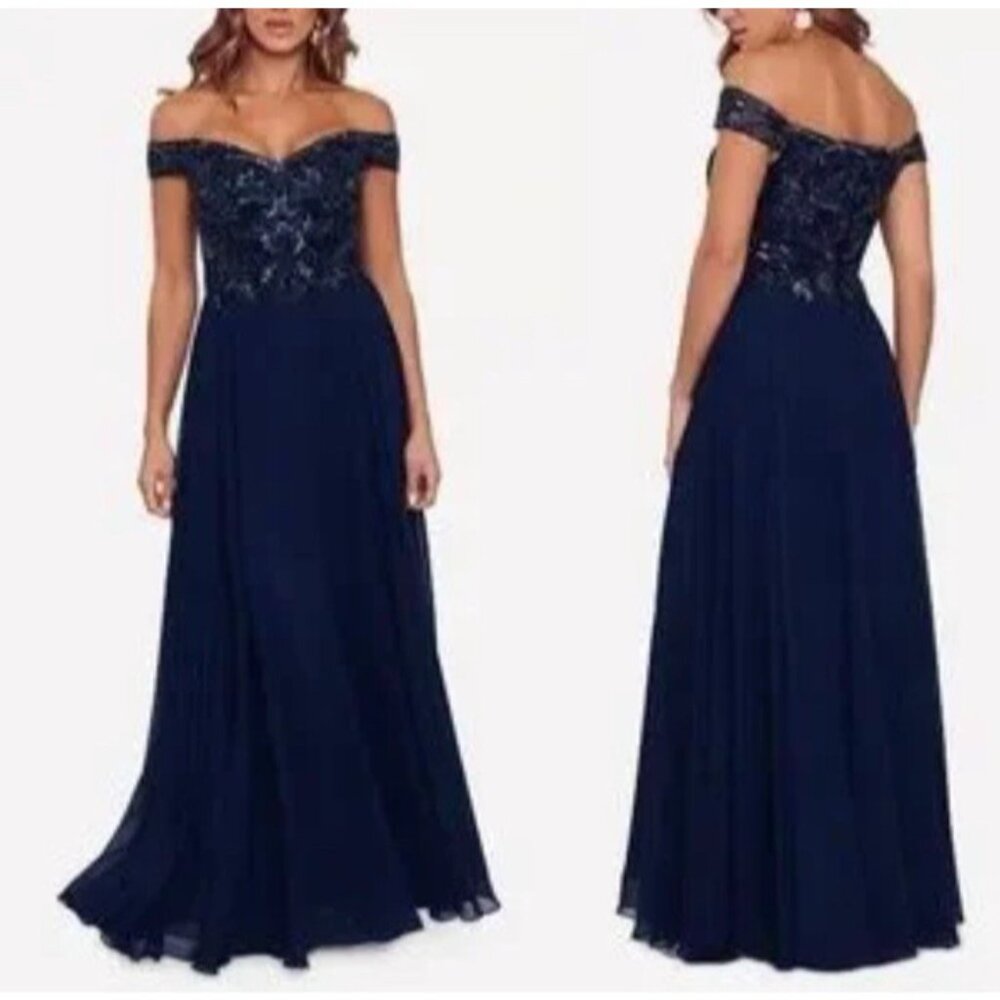Xscape Sz 18 Navy Blue Gold Sequin Chiffon Formal Gown 4690X Gala NEW